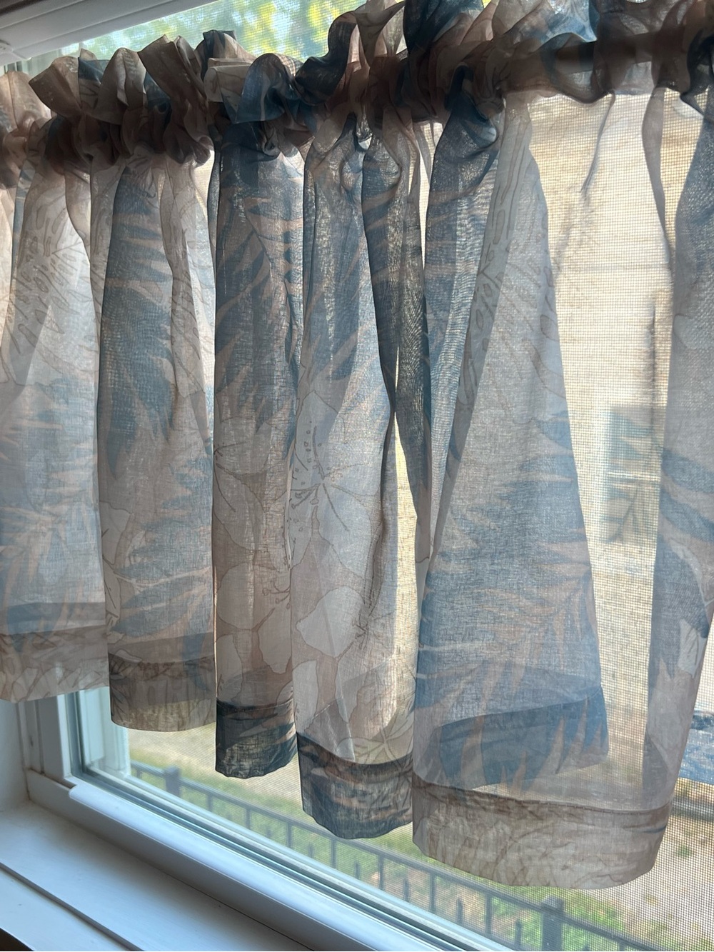 Sheer Botanical Window Valance Pair in Blue and Taupe